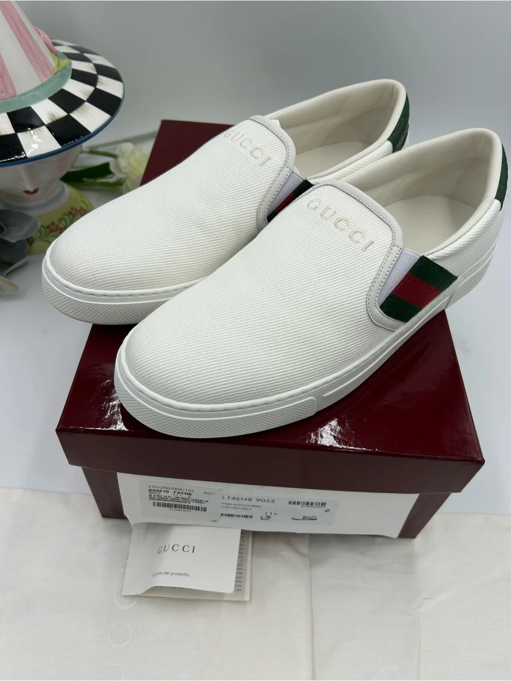 Men's Gucci white canvas ace slip on sneakers size 11.5 fits 12.5 US made Italy